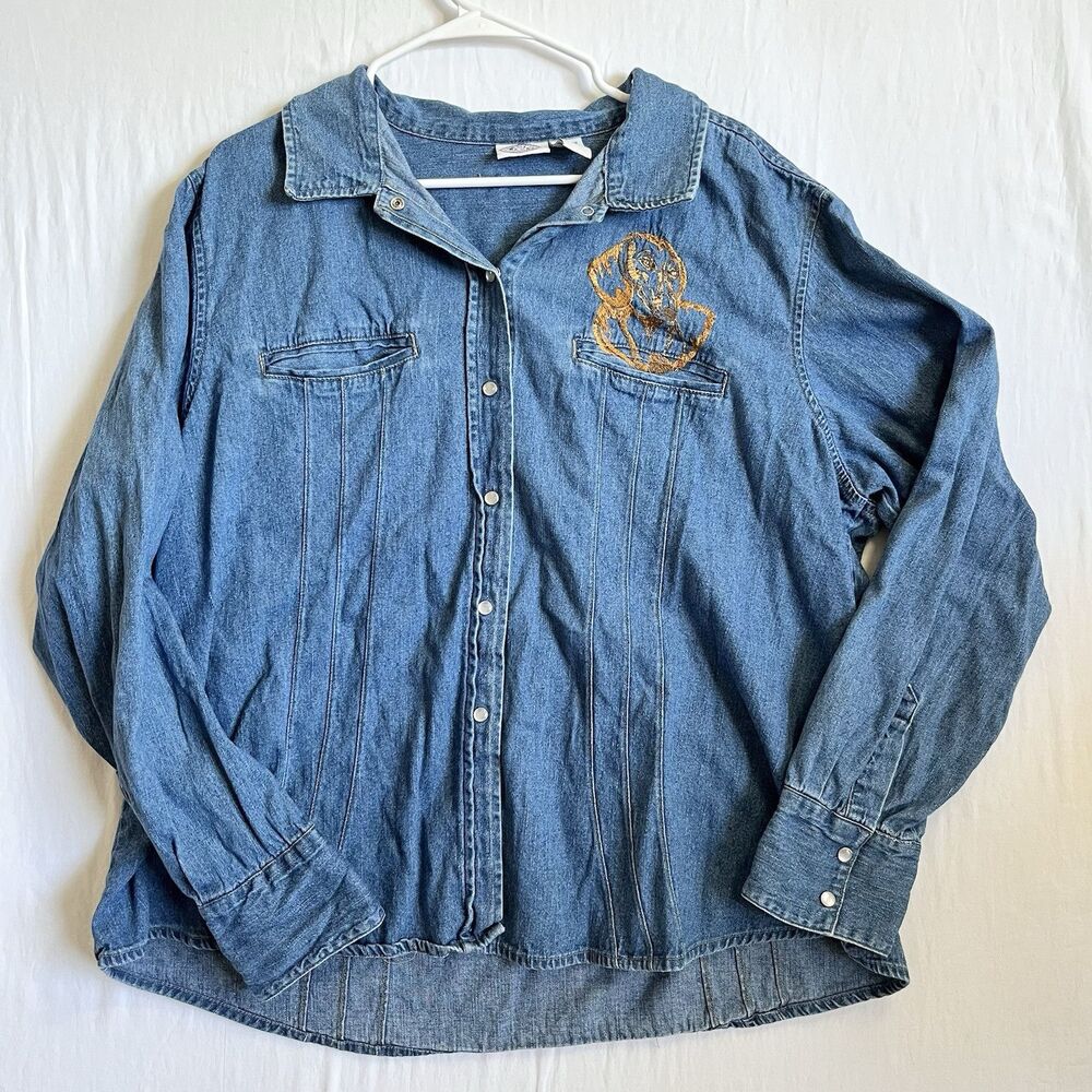 VTG Carolina Blues Sz 22/24W Stretch Denim Jacket Decorative Stitching Button